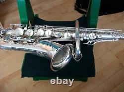 B&S Blue Label Tenor Saxophone, Silver Plated, shaped Selmer case + accessories