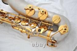 Prof. Top Satin Silver plate Tenor Saxophone Bb Gold High F# +Metal Mouthpiece